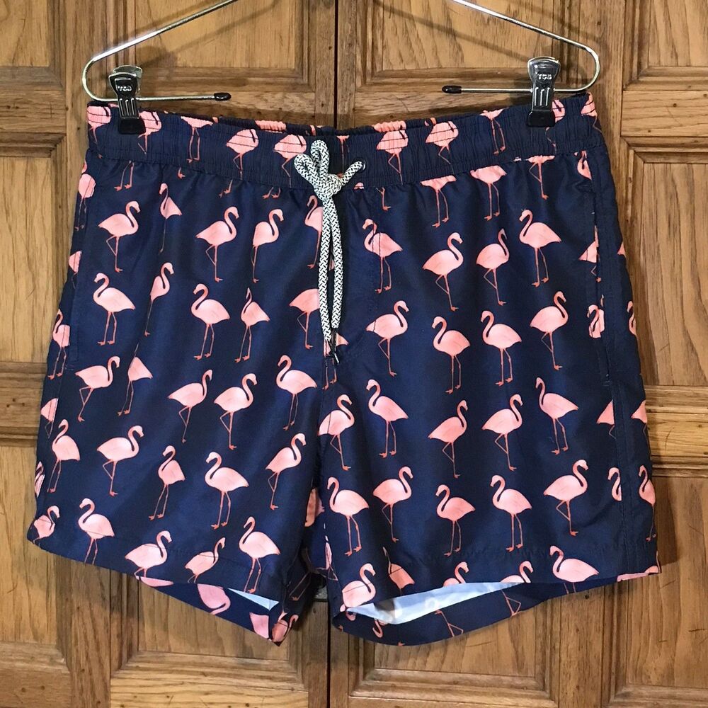 Maamgic Navy Blue Swim Trunks Men's M Pink Flamingo Print Mesh Lined Board Short